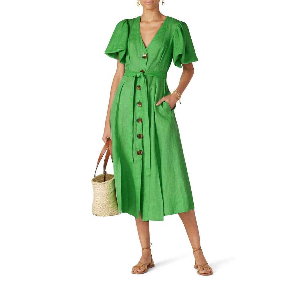 NICHOLAS Troy Green Puff Sleeve Linen Dress Size 6